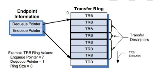 Diagram showing Transfer Ring structure with Enqueue and Dequeue pointers and TRB chain